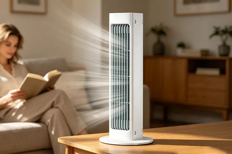 Eine Person, die unter der Hitze in Innenräumen leidet, bevor sie das tragbare Kühlgerät BreezyMaxx ChillTower Pro entdeckt.